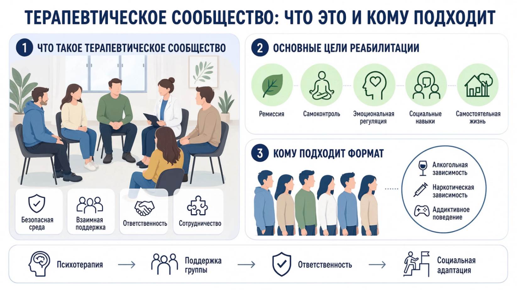 Терапевтическое сообщество для безопасного восстановления, отдыха и поддержки человека в период реабилитации