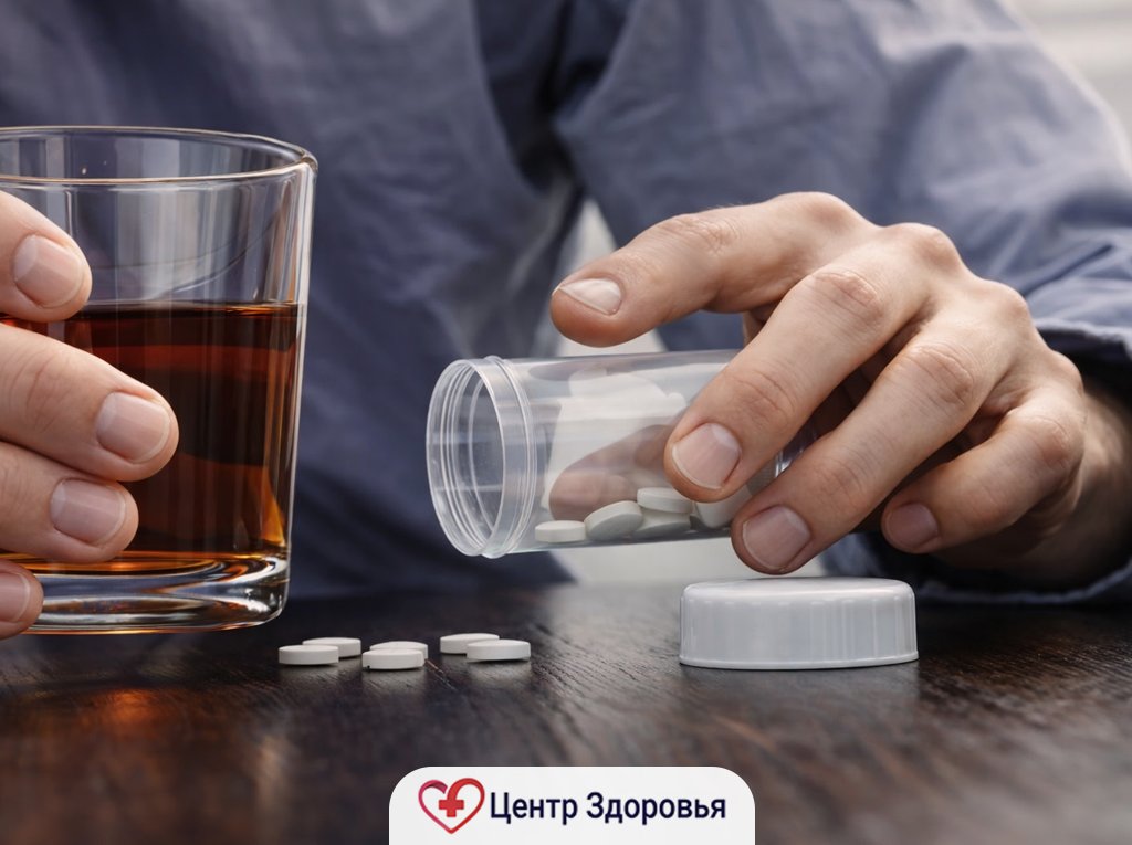 Бокал алкоголя и таблетки аспирина на столе