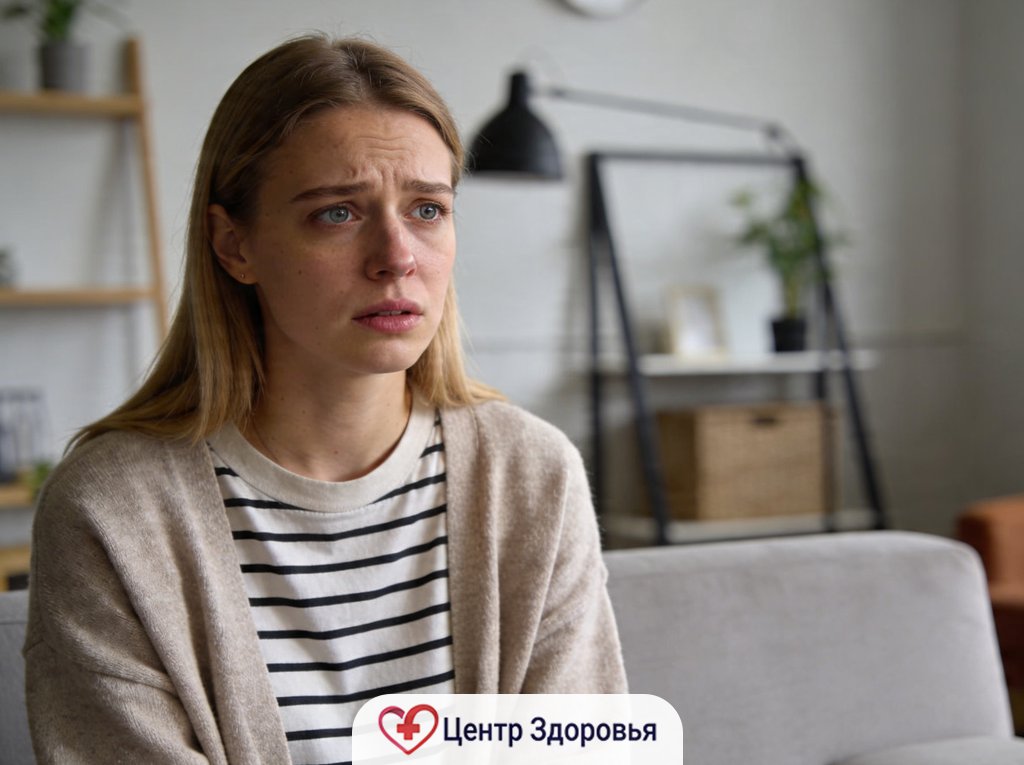 Молодая женщина с признаками тревоги и беспокойства