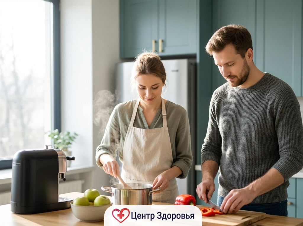 Молодая пара готовит вместе на домашней кухне