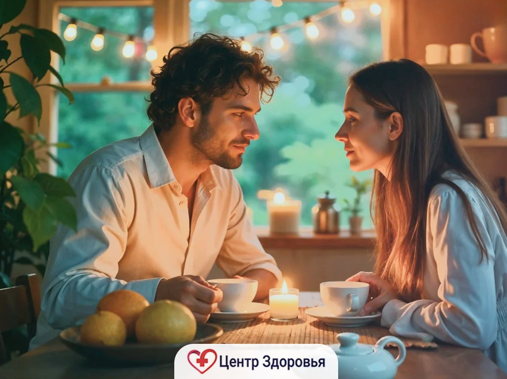 Пара пьёт чай вечером в уютной домашней обстановке