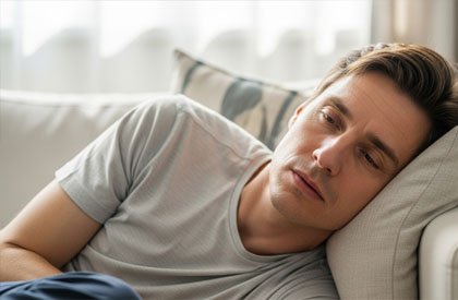 Мужчина, лёжа на диване, испытывает слабость