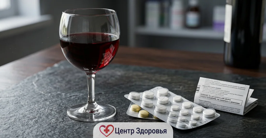 Бокал вина и таблетки перечеркнуты красным знаком запрета